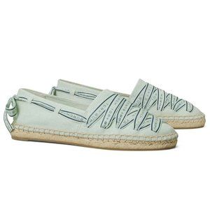 NIB Tory Burch Ribbon Woven Espadrille Flat Meadow Mist Green US 8.5 AUTHENTIC